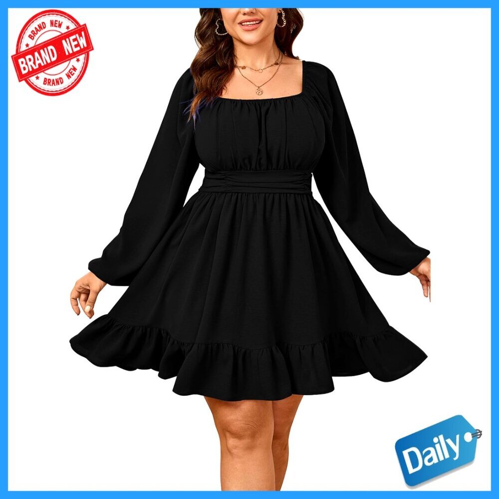 Plus Size Mini Dress Lantern Sleeve Square Neck Elastic Waist A-Line Retro
